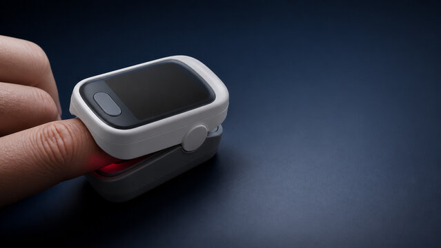 Finger pulse oximeter on a dark background. Close-up of medical device for health check. Concept of healthcare, monitoring, and wellness. Soft lighting creates a professional atmosphere.