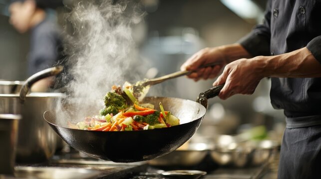 Medium shot of a male cook with rolled-up sleeves skillfully maneuvering a heavy wok with one hand and a metal spatula with the other. He is mixing a large quantity of steaming mixed vegetables. The