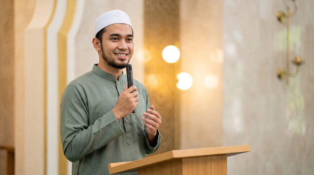 Young Muslim Preacher in a Green Tunic and White Skullcap Smiling Warmly While Holding a Microphone at a Mosque Podium