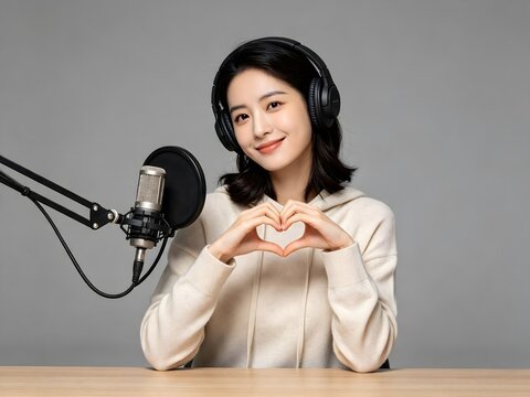 Young woman podcasting and making a heart gesture in a studio