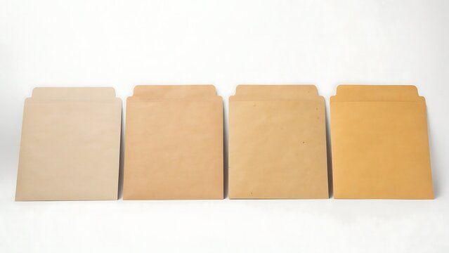 A set of four blank brown paper envelopes arranged in a horizontal row on a plain white background