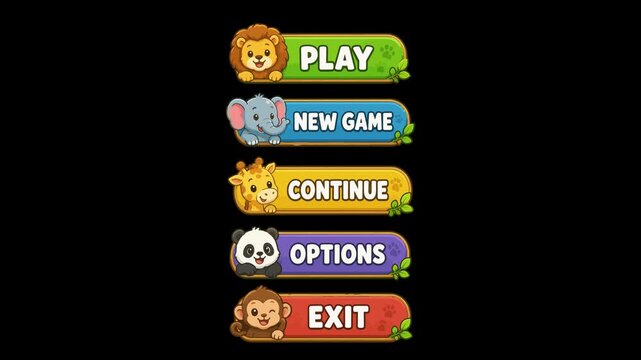 Game menu animated cute animal characters UI buttons list bouncing 4k dark black background