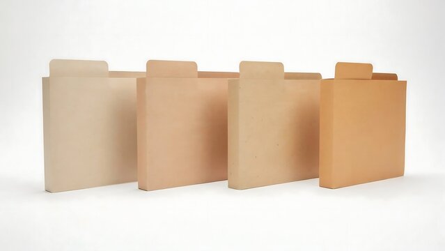 A row of four blank brown paper cardboard file folders standing upright on a clean white background