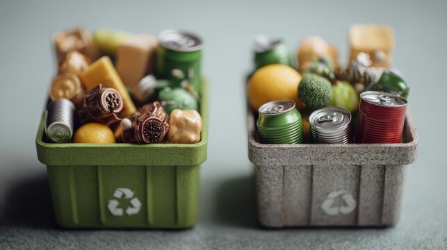 Eye-level close-up of two small green recycling bins filled to the brim. One bin contains miniature organic waste items, and the other contains miniature recyclable plastics and cans. The background