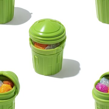 High-angle view of two replica curbside trash cans in bright green. The lids are open, revealing a pile of mixed garbage items inside. The bins cast soft shadows on a seamless white background. The