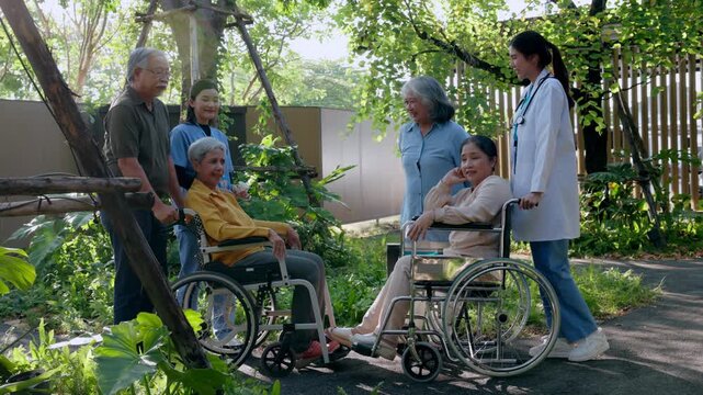 Wheelchair senior caregiver doctor garden elderly woman man care outdoor medical visit warm greeting green foliage mobility aid support calm companionship healthcare rehabilitation green courtyard