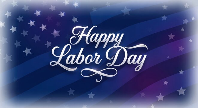 Happy Labor Day silver lettering on blue flag backdrop