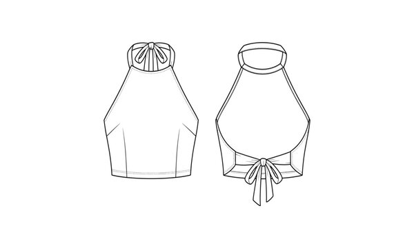Fashion flat sketch template of a halter neck crop top with back bow tie