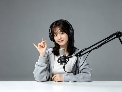 Young woman wearing headphones recording a podcast in studio