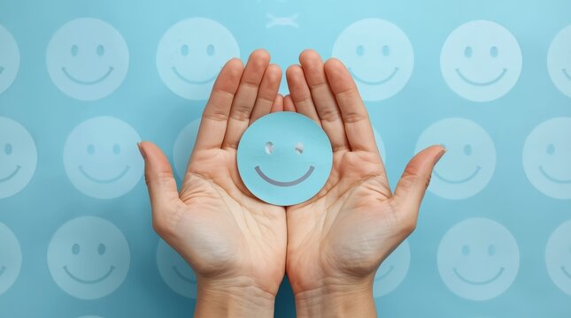 Hands holding transparent smiley face icon against cheerful background pattern with evoking positivity well being cradling translucent circular