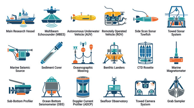 Flat Design Oceanography Research Equipment Icons Set. Marine Science, Underwater Exploration, and Technology Devices Infographic.