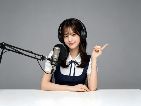 Young woman wearing headphones recording a podcast while pointing