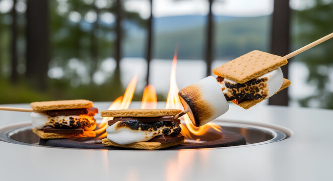 Three delicious s'mores being roasted over a modern fire pit outdoors with a scenic lake and forest in the background, perfect for a cozy evening.