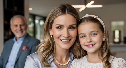Obraz premium A smiling woman and young girl pose with an older man in the background, depicting a happy family moment indoors.
