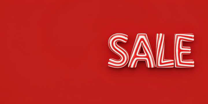 Three dimensional sale text in red and white striped candy cane style on a solid red background