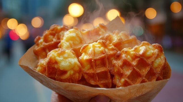 A mouth-watering close-up stock photo of a freshly baked golden-brown Hong Kong-style egg waffle (gai daan jai). The bubble-shaped puffs are crispy on the outside and soft on the inside. Steam is