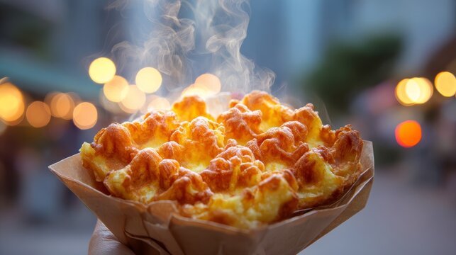A mouth-watering close-up stock photo of a freshly baked golden-brown Hong Kong-style egg waffle (gai daan jai). The bubble-shaped puffs are crispy on the outside and soft on the inside. Steam is