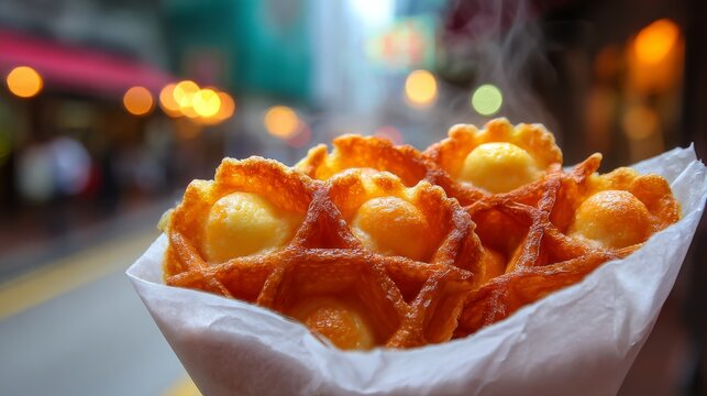 A mouth-watering close-up stock photo of a freshly baked golden-brown Hong Kong-style egg waffle (gai daan jai). The bubble-shaped puffs are crispy on the outside and soft on the inside. Steam is