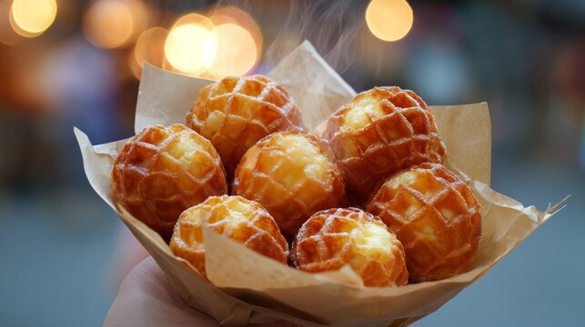 A mouth-watering close-up stock photo of a freshly baked golden-brown Hong Kong-style egg waffle (gai daan jai). The bubble-shaped puffs are crispy on the outside and soft on the inside. Steam is