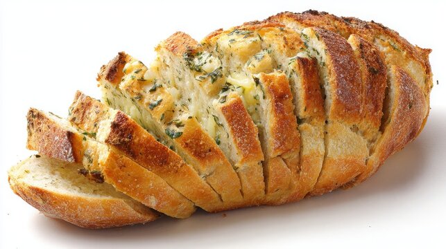 A whole loaf of garlic bread that has been sliced but kept together, isolated on a white background. The cuts reveal the butter and herb filling. The crust is rustic and floury. Soft contact shadows