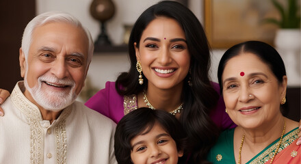 Fototapeta premium A multi-generational Indian family smiling happily together, dressed in traditional attire, celebrating togetherness.