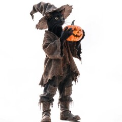 Fototapeta premium Cat Dressed as a Witch Holding a Pumpkin for Halloween Celebrations and Festive Decorations