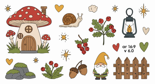 Hand-drawn whimsical forest and garden illustration set with gnome and mushroom house.