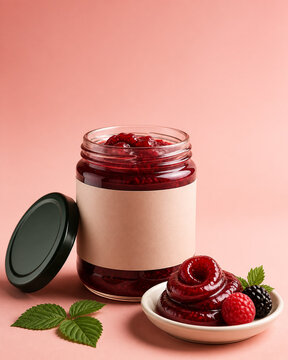 Open glass jar of red berry jam with blank label on pink background. Fresh raspberries and blackberries on a small plate beside it. Concept for sweet food, organic preserves, breakfast