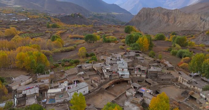 Annapurna Circuit, Mustang Nepal, drone shot of a traditional remote village surrounded by bright yellow autumn trees and high-altitude Himalayan desert terrain.