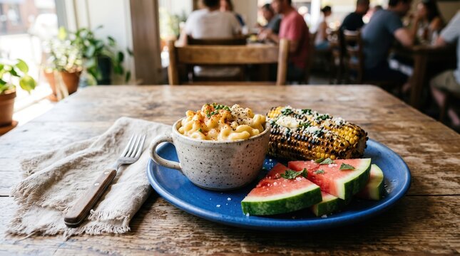 Macaroni cheese grilled corn and watermelon slices served on blue plate