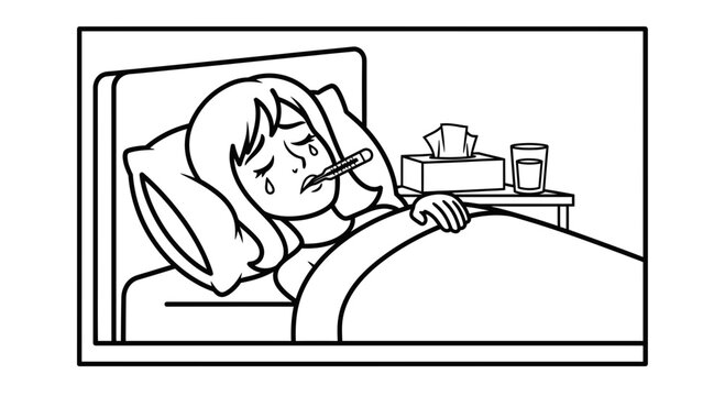 Woman sick in bed with thermometer and tissues