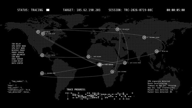 A futuristic monochrome cybersecurity interface displaying a real-time global IP trace across a world map with node connection lines.