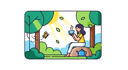 Fototapeta premium Woman enjoying tea outdoors in nature, sunny day, butterfly