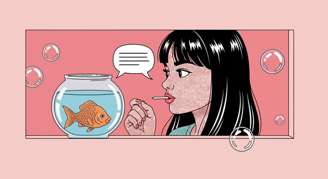 Woman blowing bubbles at goldfish in bowl