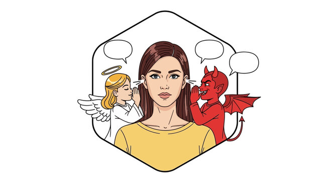 Woman Caught Between Angel Whispering Good and Devil Whispering Bad Advice