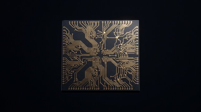Advanced neuromorphic computing microchip with golden neural network circuit traces on dark background representing bio-inspired artificial intelligence and deep learning technology.