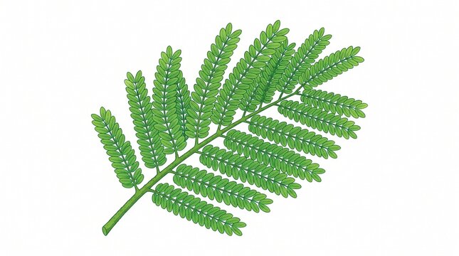 Detailed botanical vector of Samanea saman (Trembesi) leaf structure, flat illustration style, vibrant green tones, clean outline, isolated on a solid white background, ready for stock design