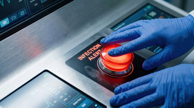 Infection alert button pressed by gloved hand on medical device showing antimicrobial resistance testing in progress for urgent health safety