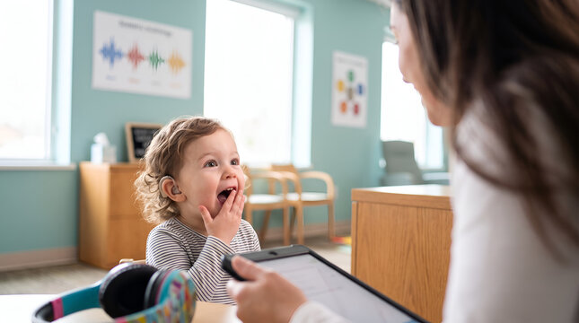 Happy toddler with hearing aid during speech therapy session at clinic
