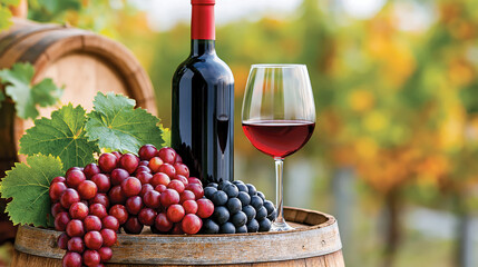 Fototapeta premium Vineyard wine bottle red wine grape bunch wine glass wooden barrel autumn harvest