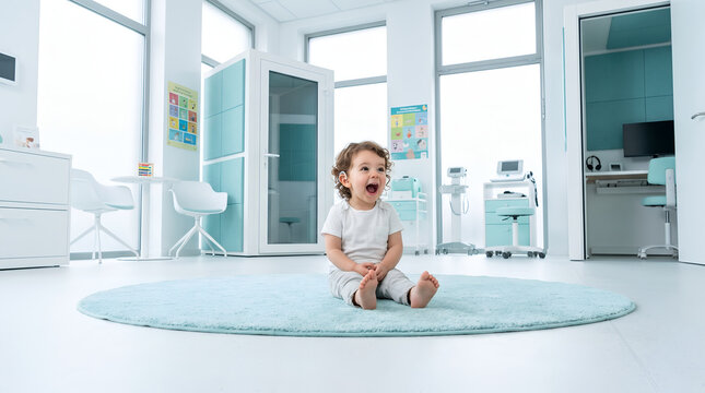 Happy toddler with cochlear implant sitting in an audiology clinic