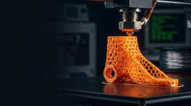3D printer orange object electric drivetrain research shapes advanced additive manufacturing with precise layer deposition and industrial