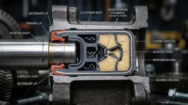 Electric drivetrain research diagram with rotating shaft acoustic foam and gearbox housing