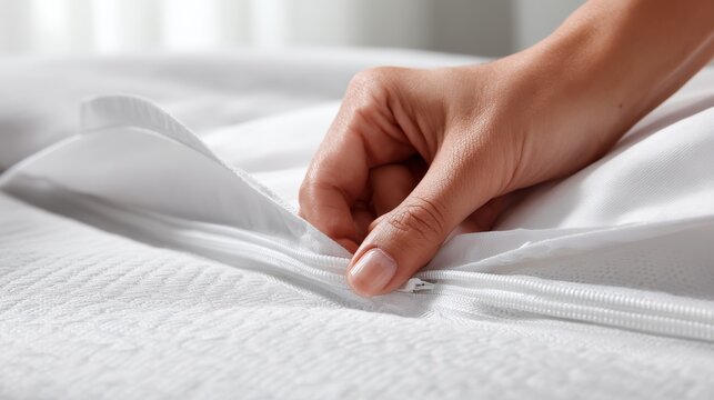 Extreme closeup of woman securing zippered mattress encasement, detail showing waterproof seam and breathable fabric texture, allergen barrier technology visible in fabric weave, pristine white