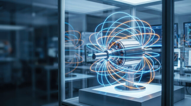 Electric drivetrain research display with glowing energy lines around futuristic motor in modern laboratory setting