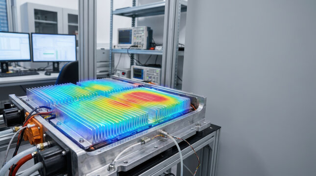 Electric drivetrain research with colorful thermal imaging supports advanced battery engineering in modern laboratory setting