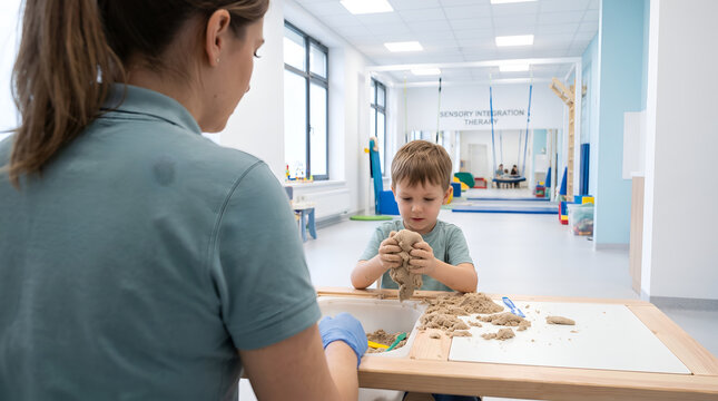 Child using kinetic sand during a sensory integration therapy session