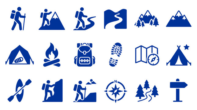 A comprehensive set of blue travel and camping symbols designed for outdoor recreation projects and nature exploration guides featuring various symbols for hikers and wilderness enthusiasts