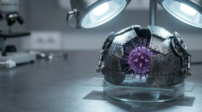 Antimicrobial resistance testing concept with virus model inside mechanical armor under laboratory light showing protection and scientific research