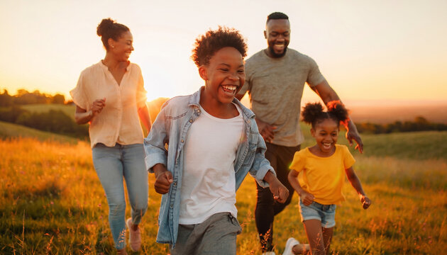 Joyful black family of four running together in a grassy field at golden hour sunset